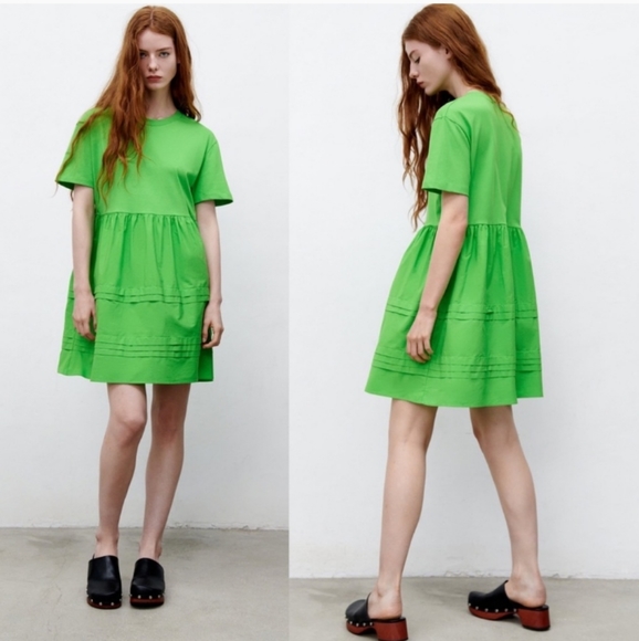 NWT ZARA GREEN PLEATED BABY DOLL STYLE BLOGGERS FAV MINI DRESS SMALL